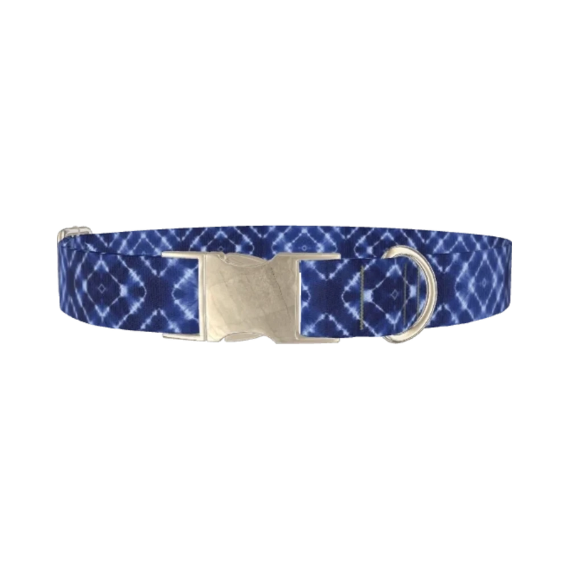 Indigo Tie-Dye Dog Collar - metal silver
