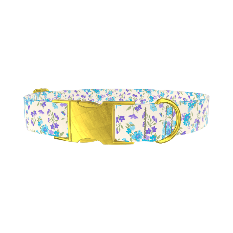 Blue Purple Floral Dog Collar - metal gold