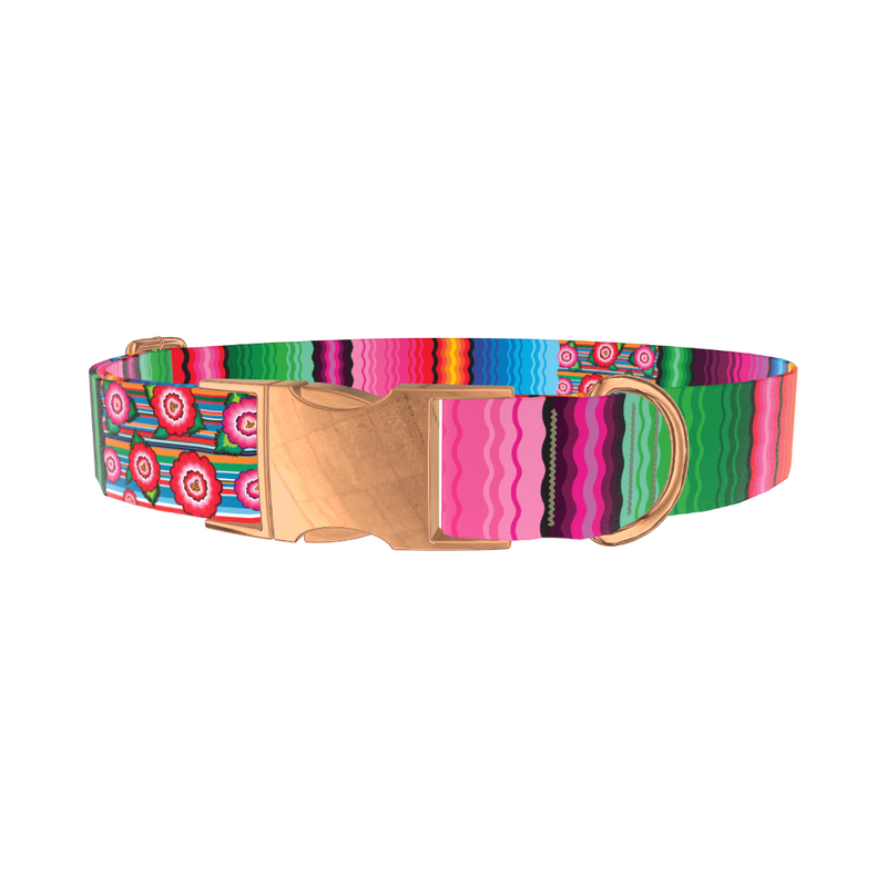 Mexican Floral Stripe Dog Collar - metal rose gold
