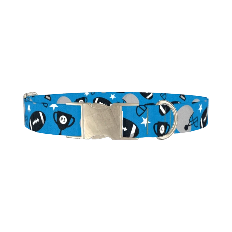 Blue Striped Football Dog Collar - metal silver