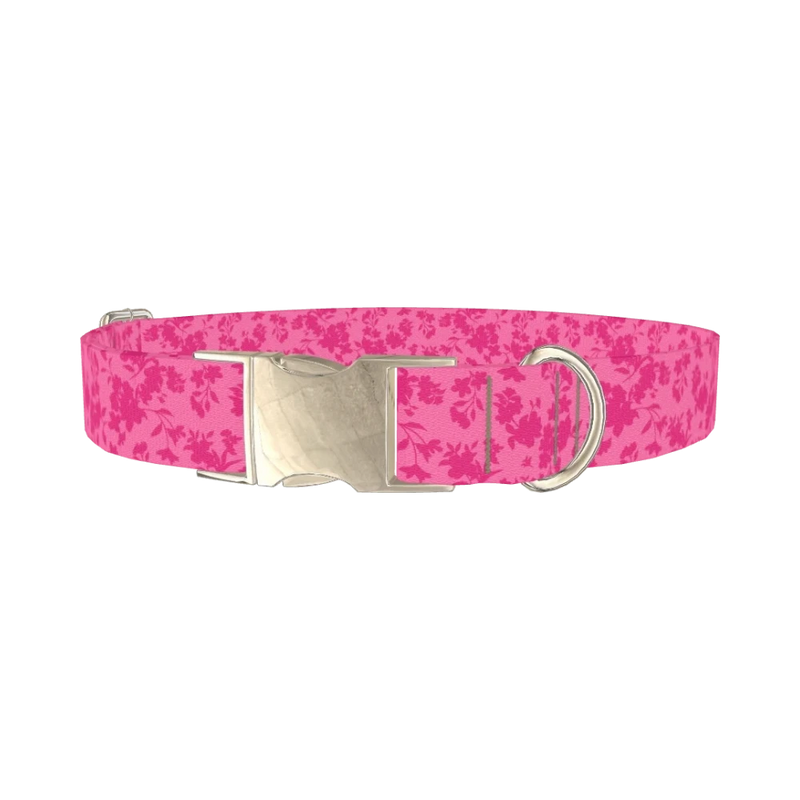 Pink Floral Silhouette Dog Collar - metal silver