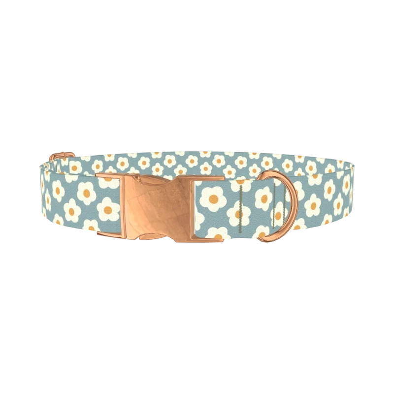 Grey Daisy Pattern Dog Collar - metal rose gold