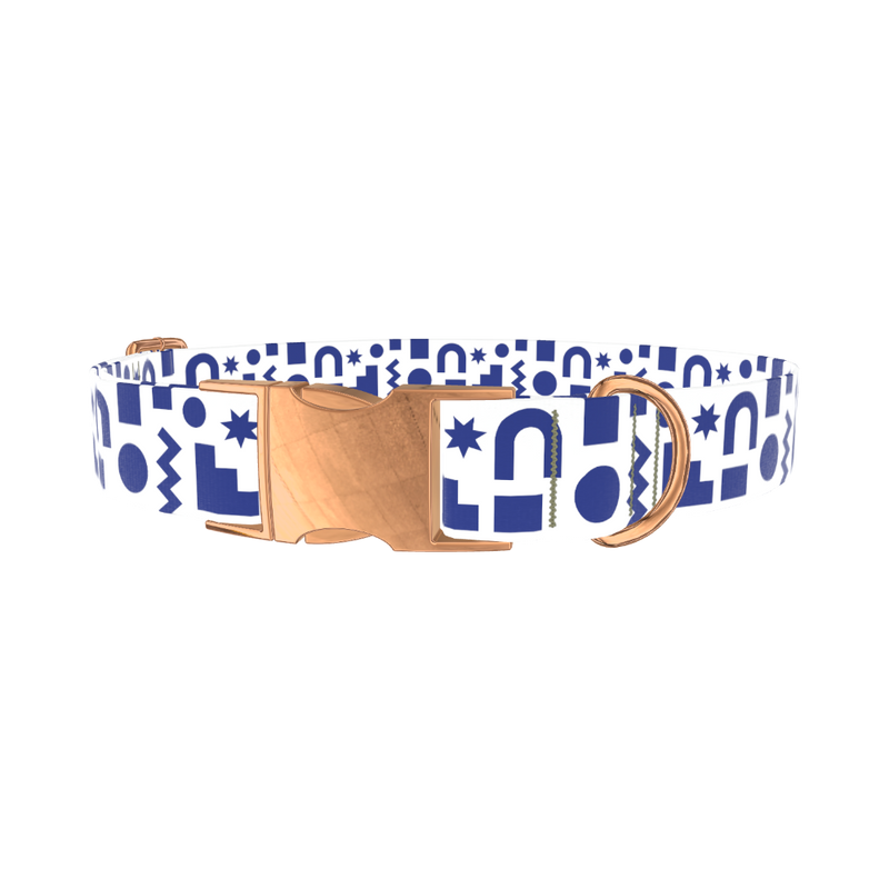Navy Geometric Shapes Dog Collar - metal rose gold