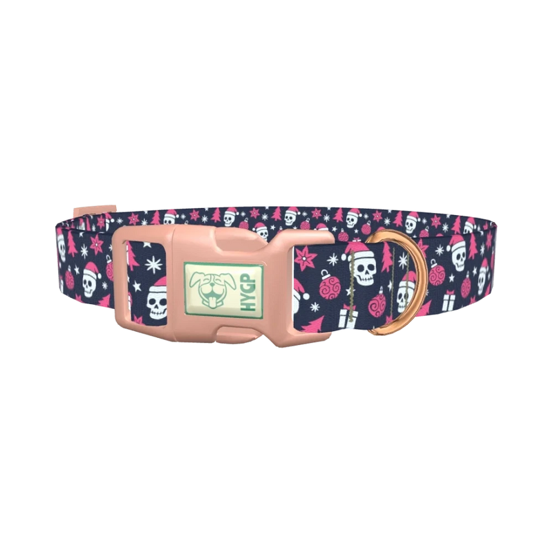 Christmas Gothic Skulls Dog Collar - plastic rose gold