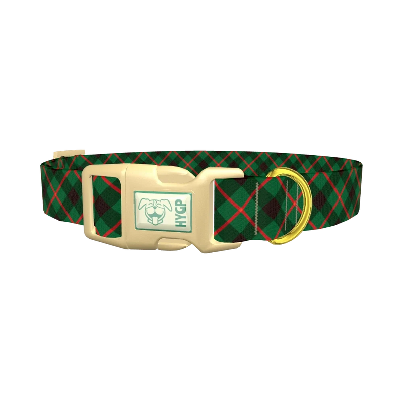 Dark Green Christmas Plaid Dog Collar - plastic gold