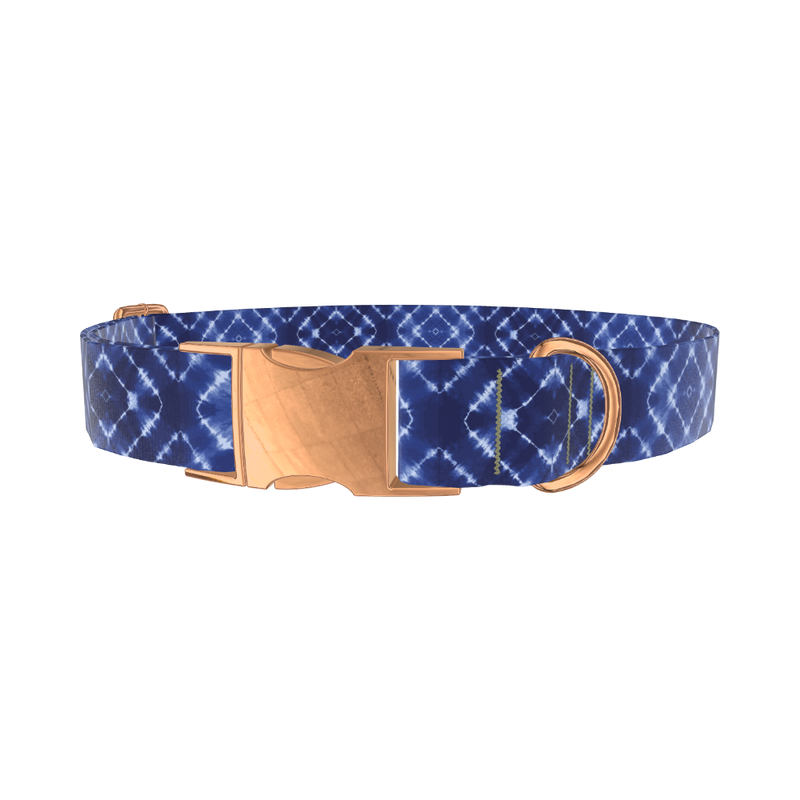 Indigo Tie-Dye Dog Collar - metal silver