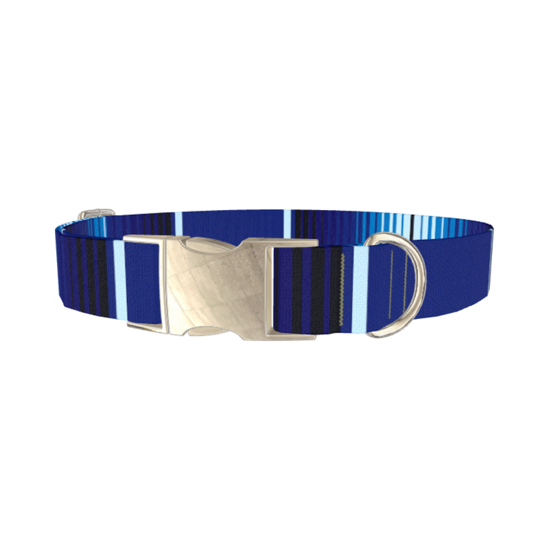 Blue Geometric Stripe Dog Collar - metal silver