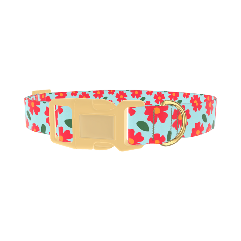 Red Floral Dog Collar - plastic gold
