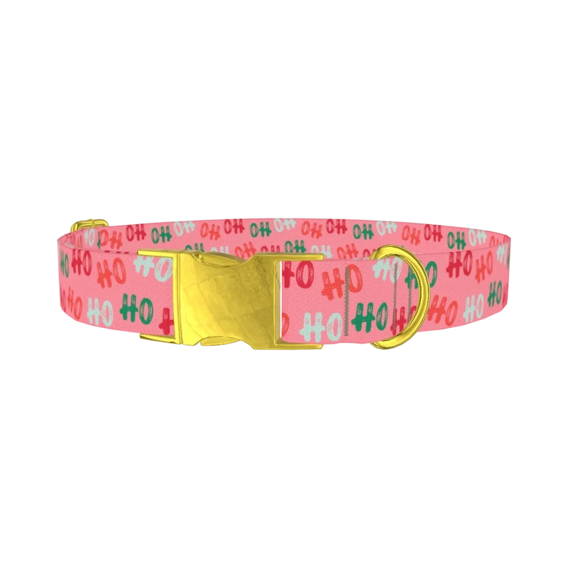 Christmas Ho Ho Pink Dog Collar - metal gold