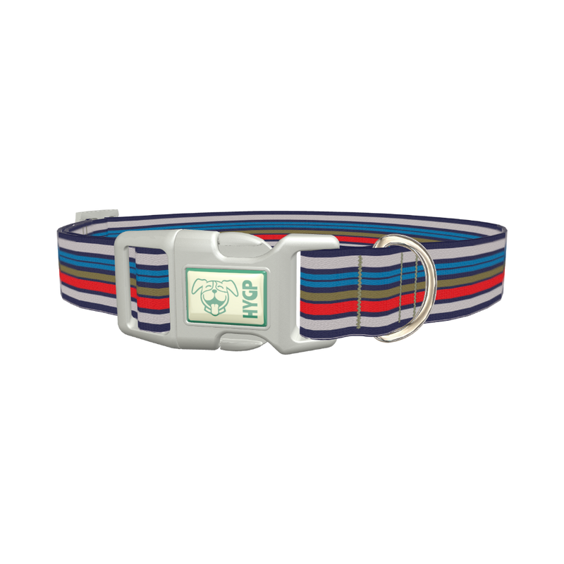 Blue Grey Red Striped Dog Collar - plastic silver