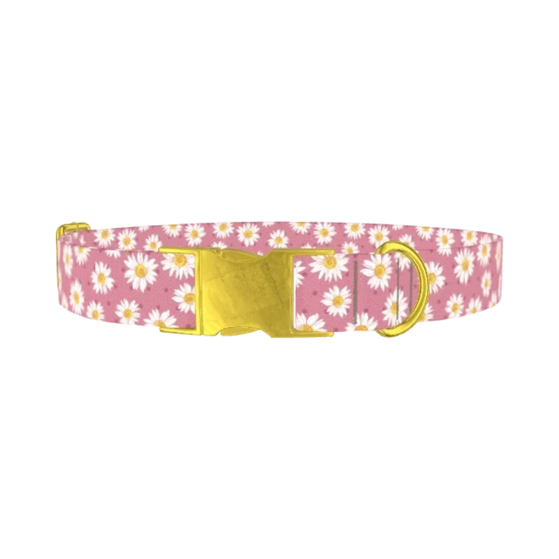 Pink Daisy Dog Collar - metal gold