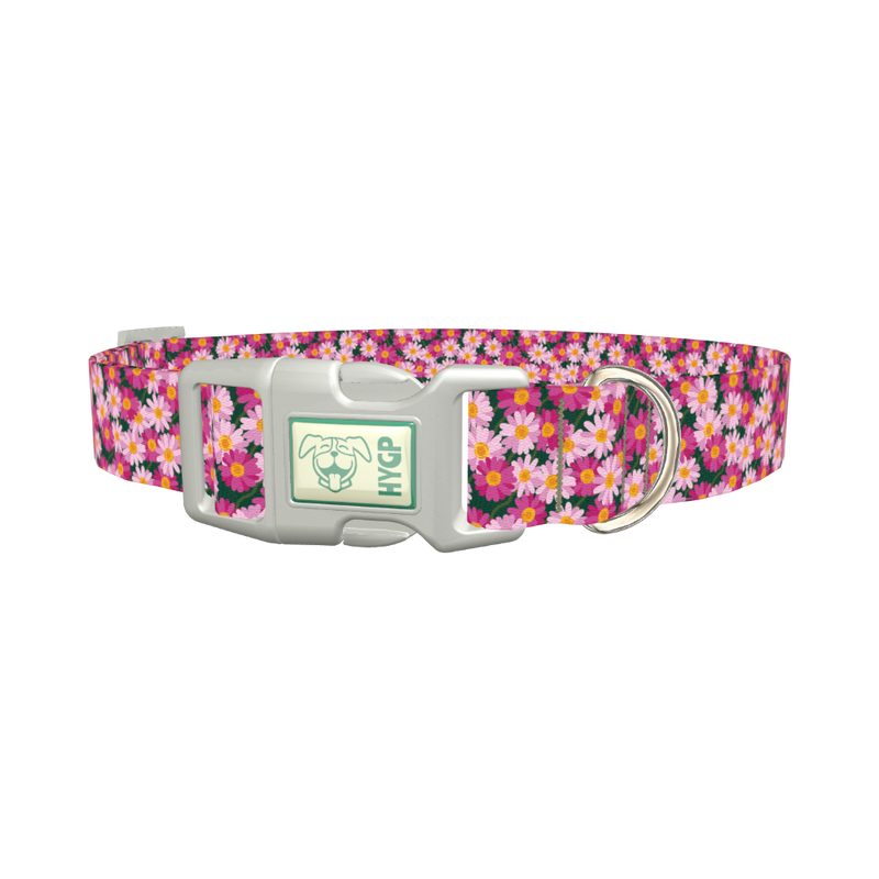 Pink Daisy Floral Dog Collar - plastic silver