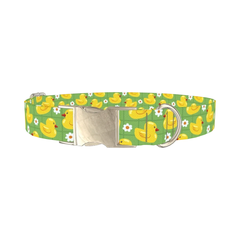 Yellow Duck Pattern Dog Collar - metal silver