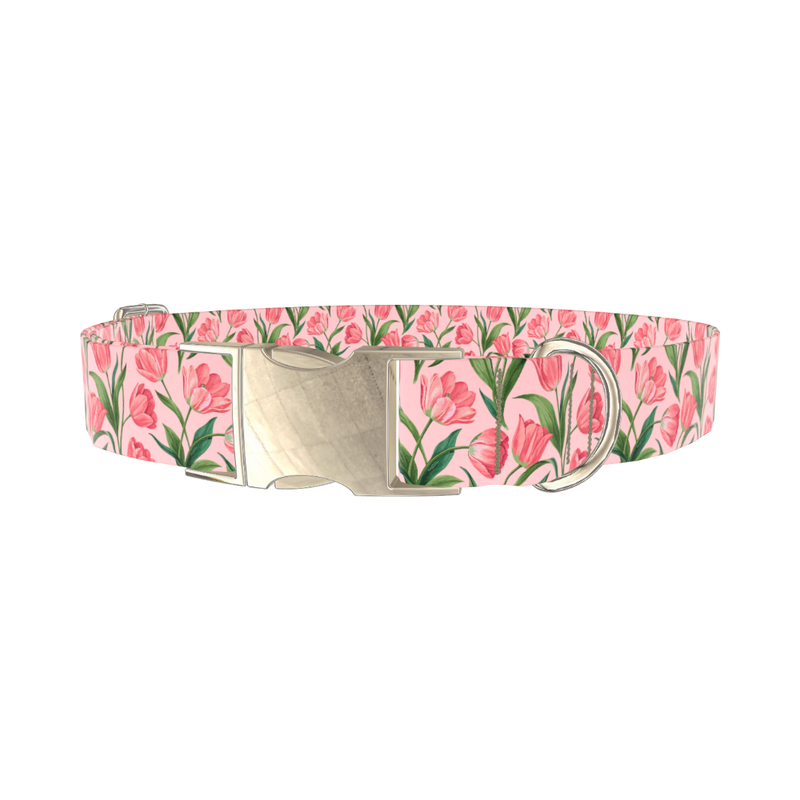 Pink Tulip Blossom Dog Collar - metal gold