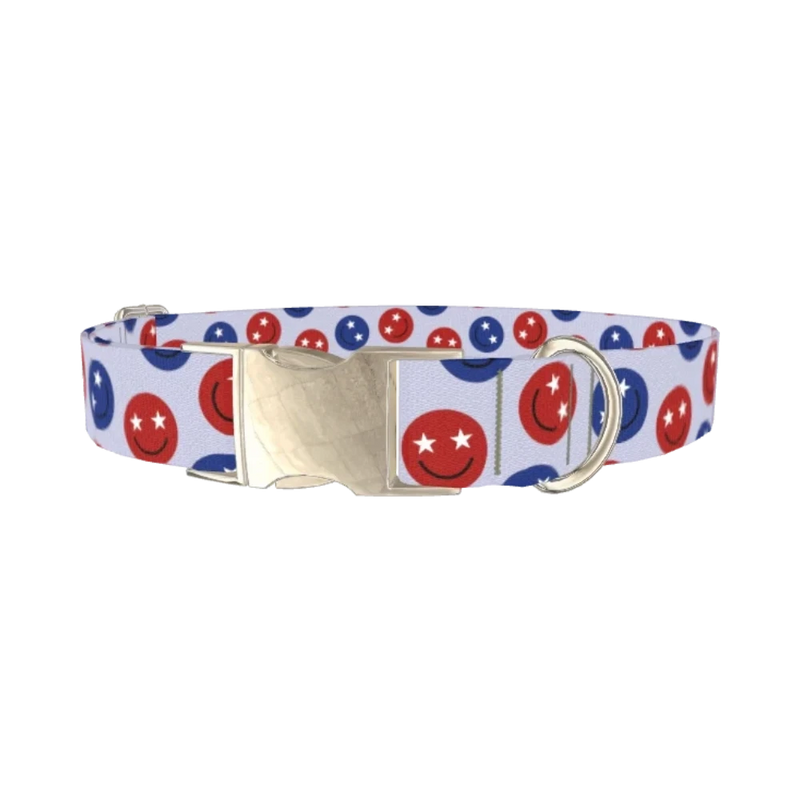 Patriotic Smiley Dog Collar - metal silver
