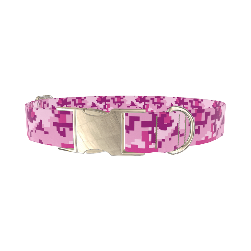 Pink Digital Camo Dog Collar - metal silver