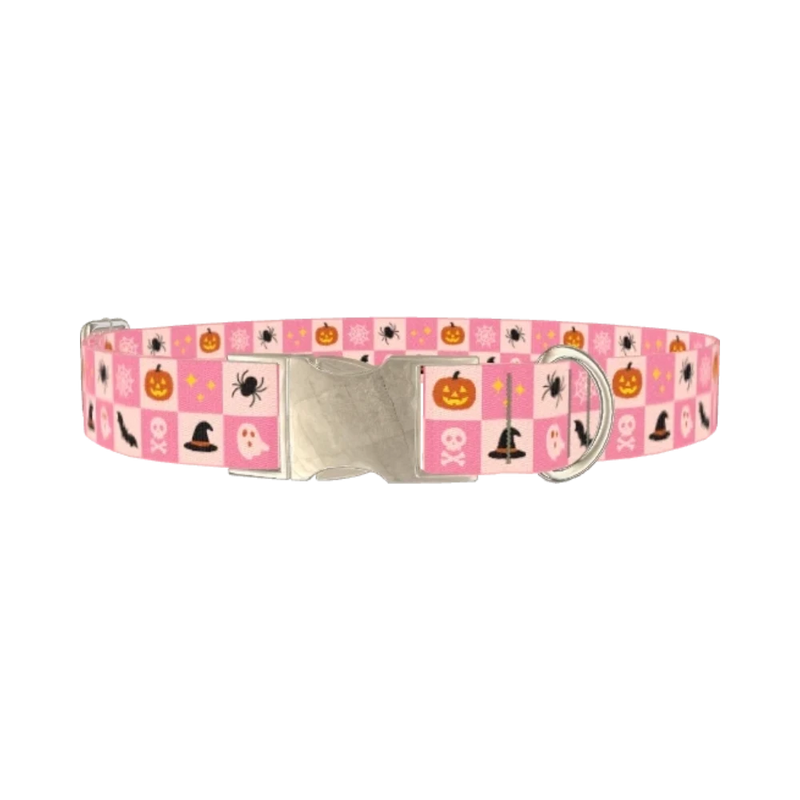 Halloween Tiles Dog Collar - metal silver