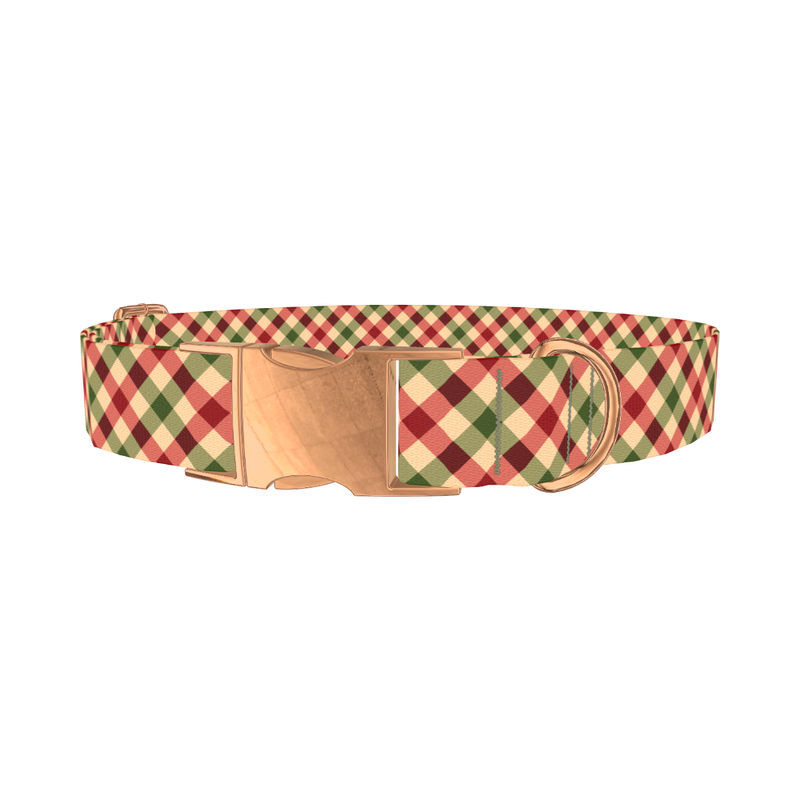 Diagonal Christmas Plaid Dog Collar - metal rose gold