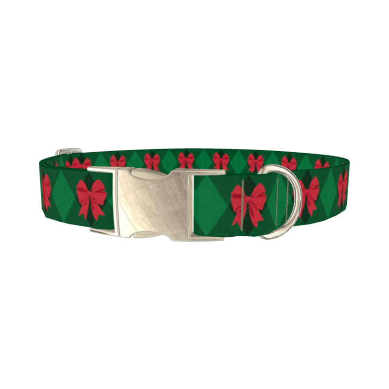 Red Bow Plaid Dog Collar - metal silver