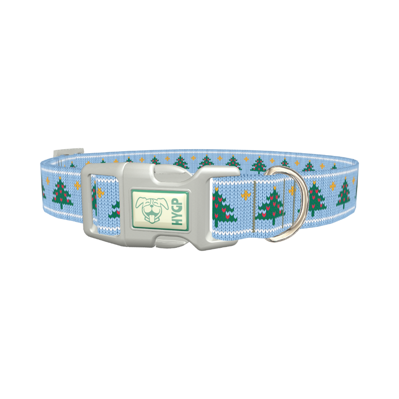 Blue Knitted Christmas Tree Dog Collar - plastic silver