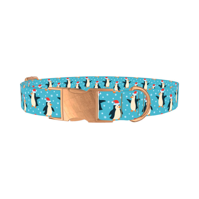 Christmas Penguin Dog Collar - metal rose gold