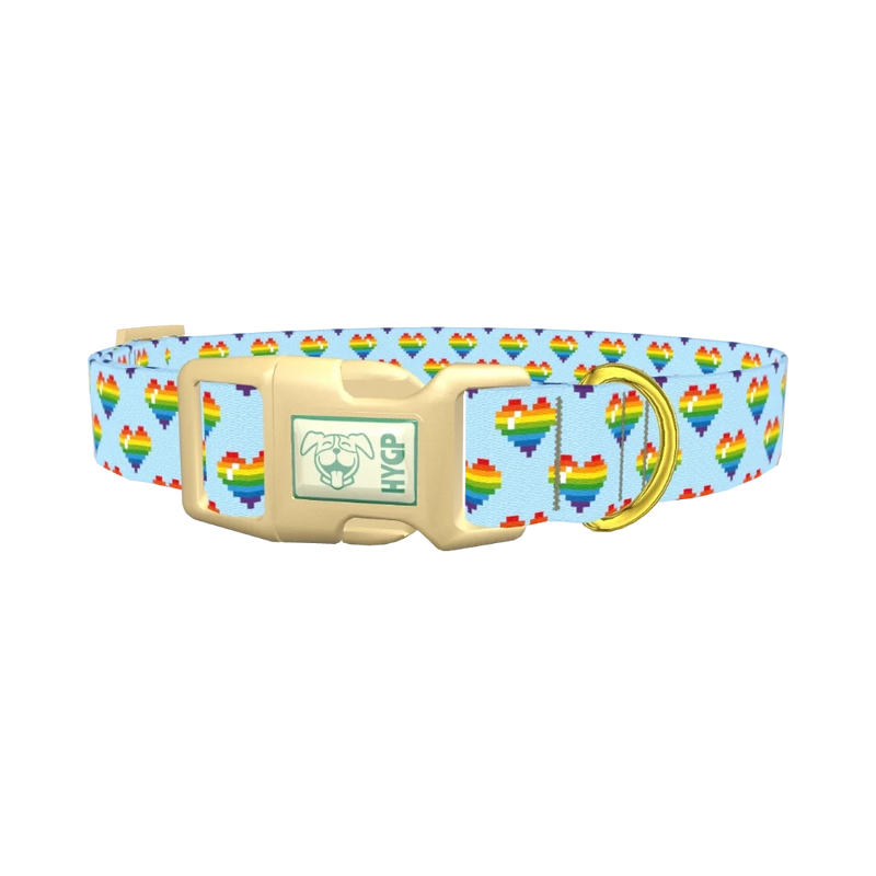 Pixel Rainbow Heart Dog Collar - plastic gold