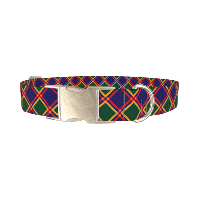 Festive Blue Plaid Dog Collar - metal silver
