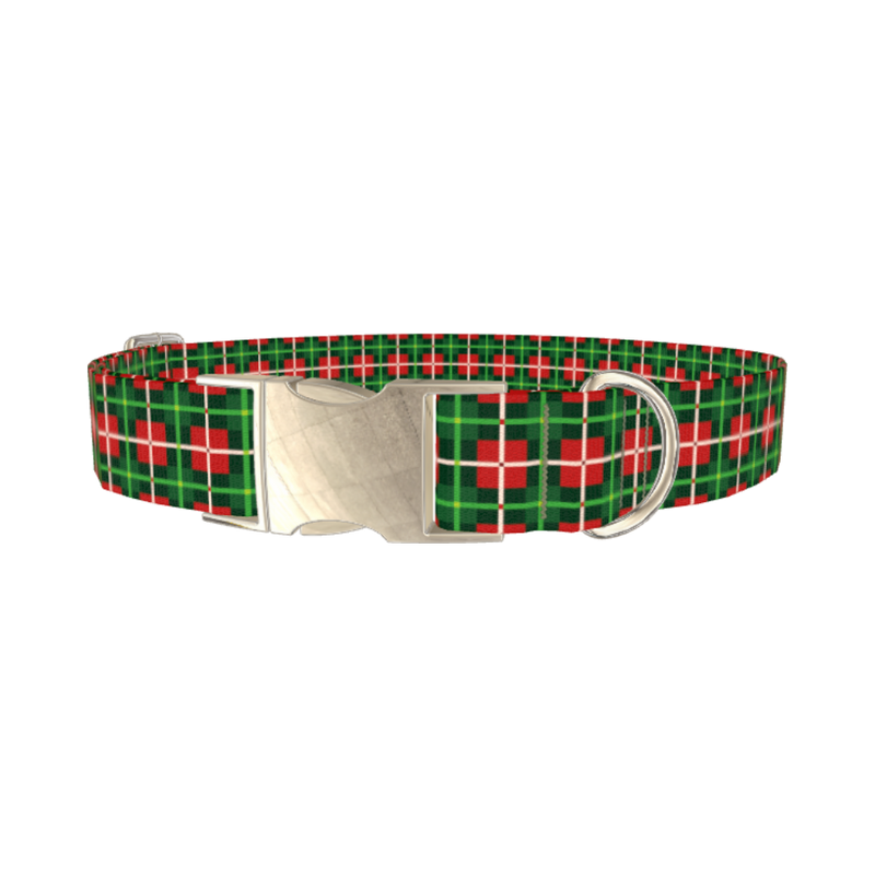 Green White Plaid Dog Collar - metal silver