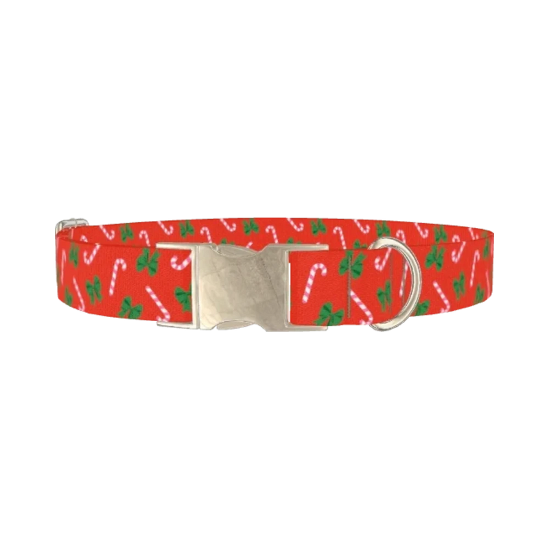 Festive Bows and Candy Canes Dog Collar - metal silver