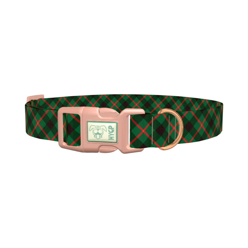 Dark Green Christmas Plaid Dog Collar - plastic rose gold