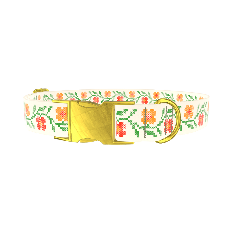 Cross Stitch Flower Dog Collar - metal rose gold