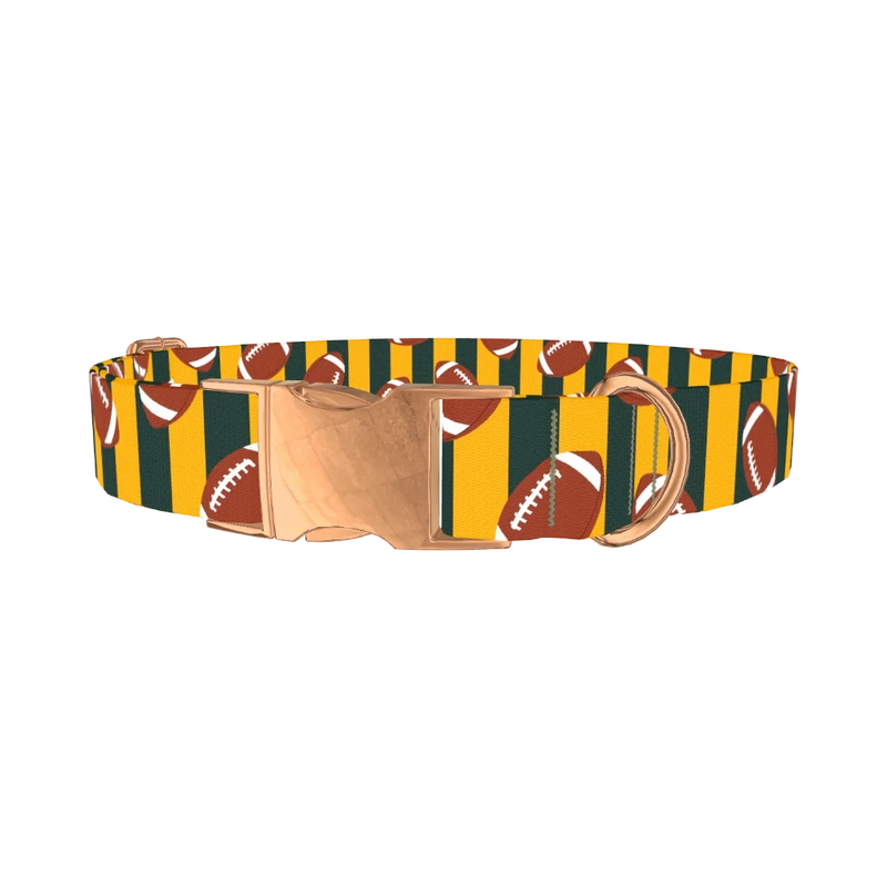 Green Stripe Football Dog Collar - metal rose gold