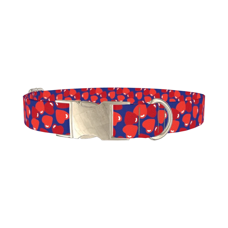 Navy Heart Pattern Dog Collar - metal silver