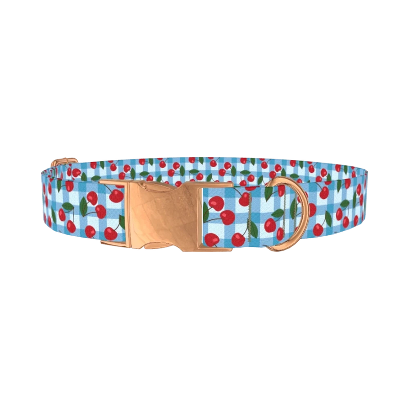 Gingham Cherry Dog Collar - metal rose gold
