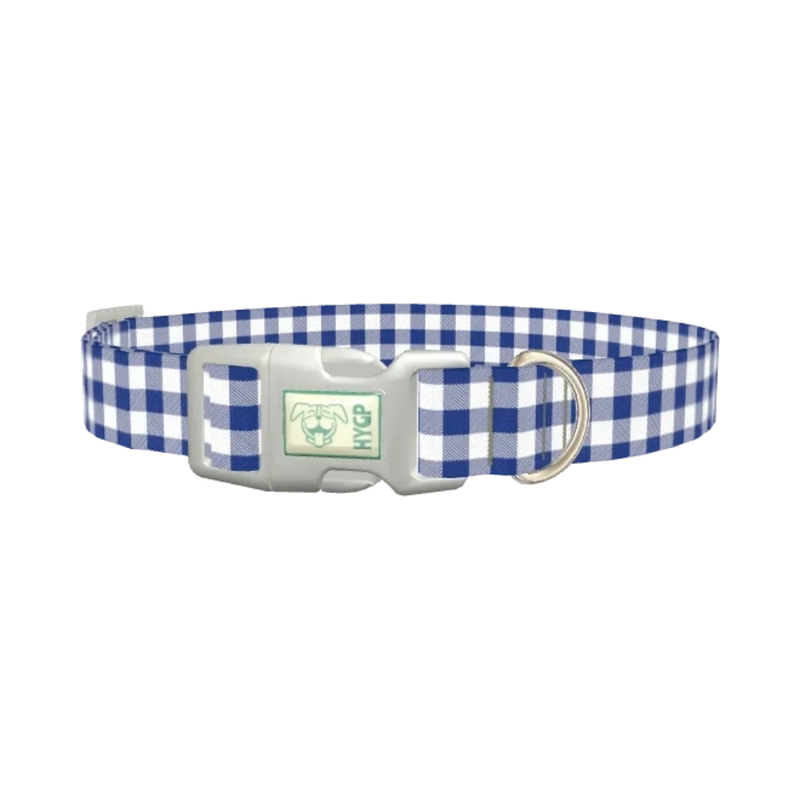 Blue White Plaid Dog Collar - plastic silver