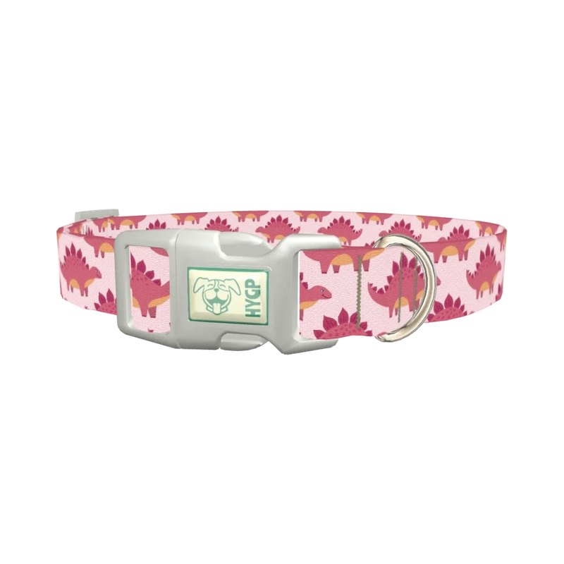 Pink Dinosaur Dog Collar - plastic silver