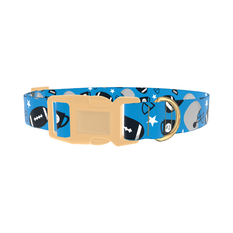 Blue Football Trophy Dog Collar - plastic gold