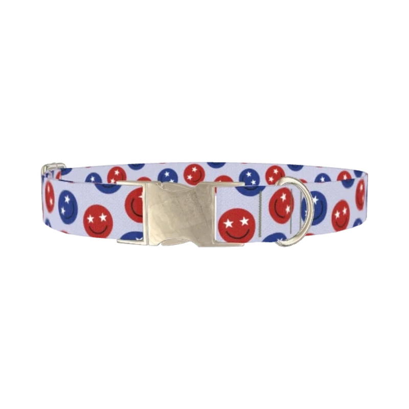 Patriotic Smiley Dog Collar - metal silver