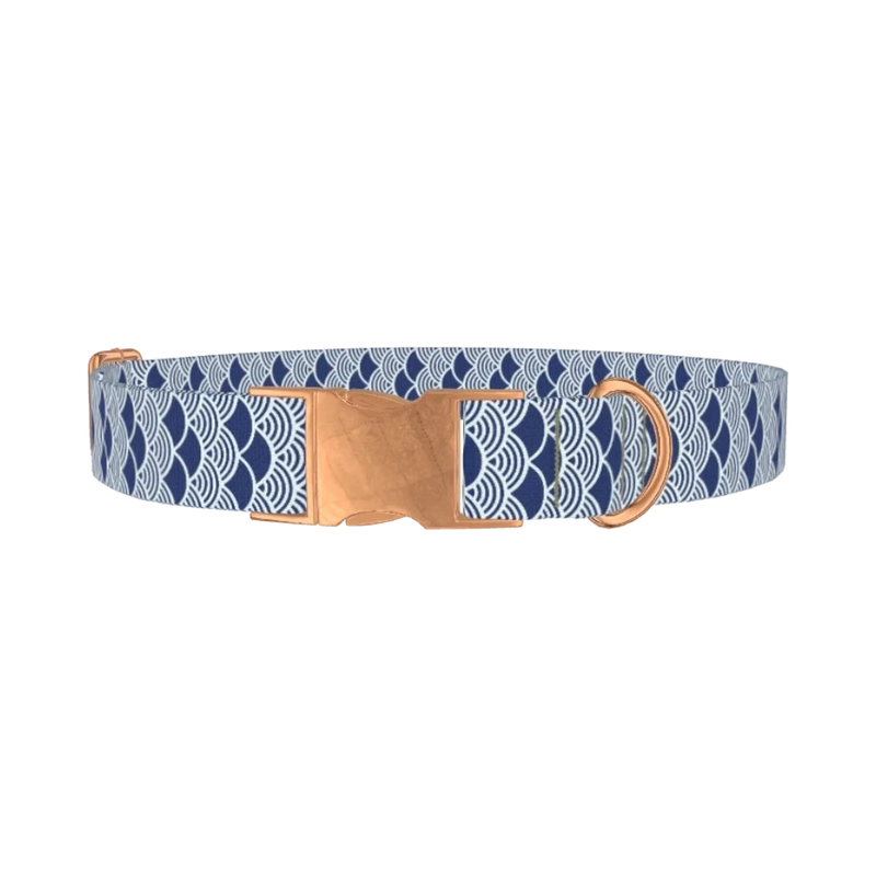 Blue Japanese Wave Dog Collar - metal rose gold