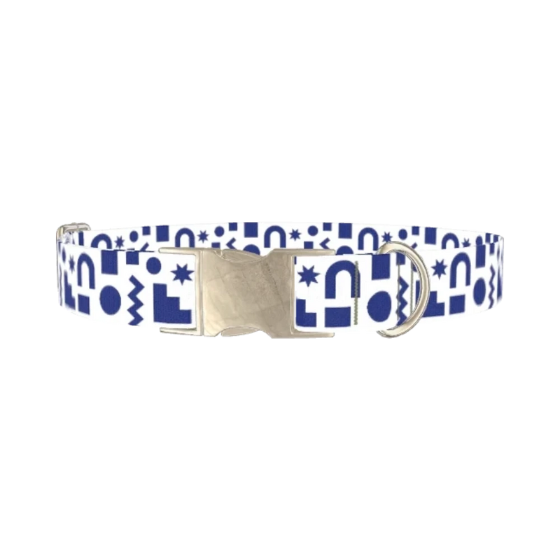 Navy Geometric Shapes Dog Collar - metal silver