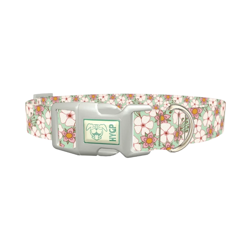 Mint Pink Floral Dog Collar - plastic silver