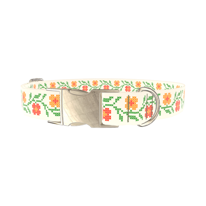 Cross Stitch Flower Dog Collar - metal gold