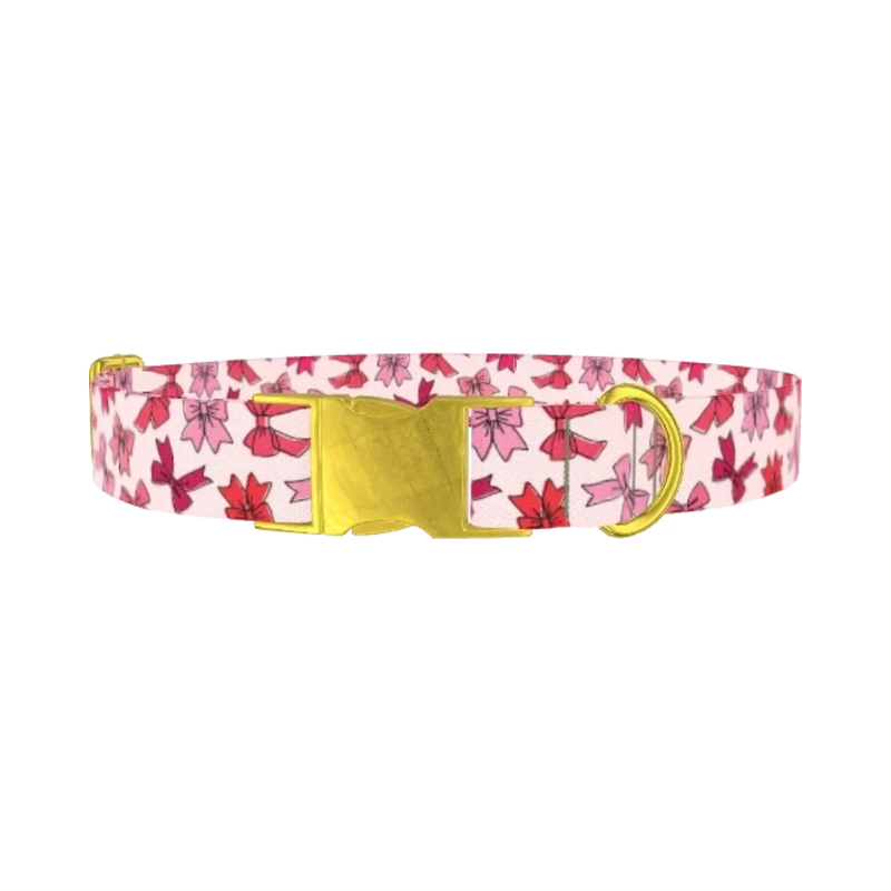 Pink Bow Pattern Dog Collar - metal gold