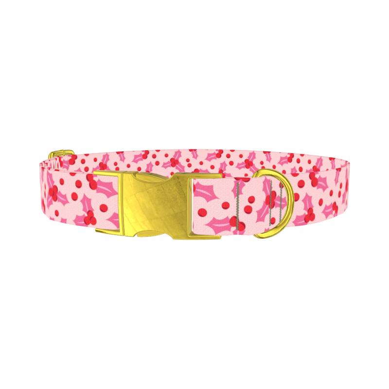 Pink Holly Berry Dog Collar - metal gold