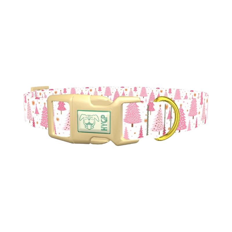 Pink Festive Trees Dog Collar - plastic gold