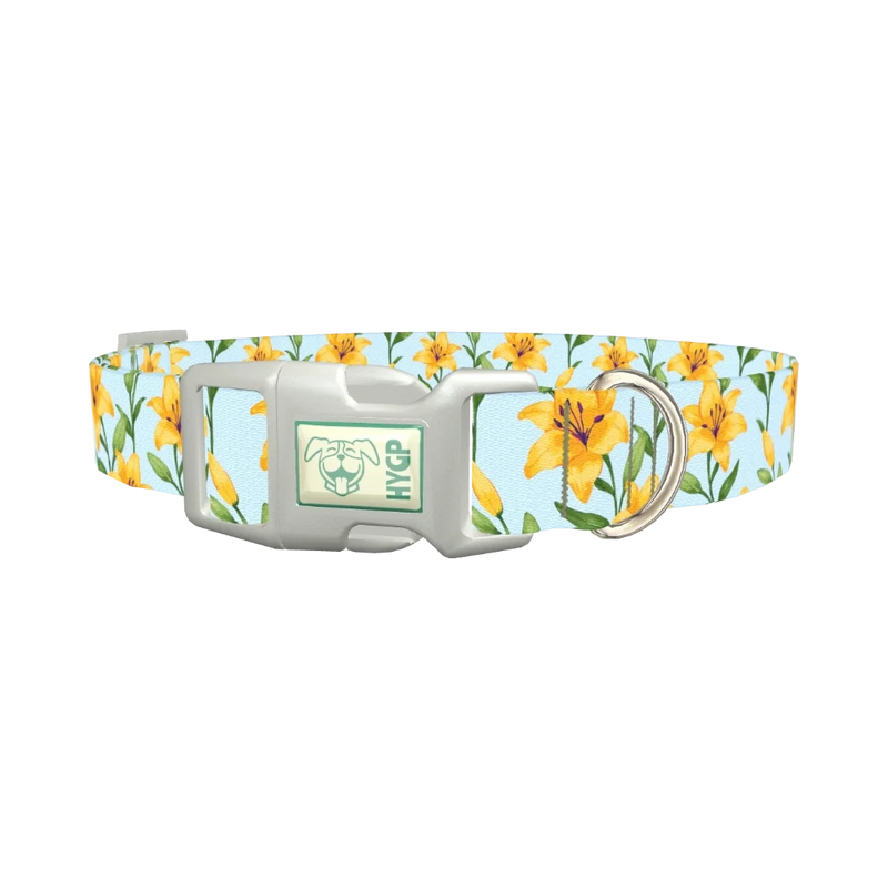 Floral Yellow Lily Dog Collar - plastic silver