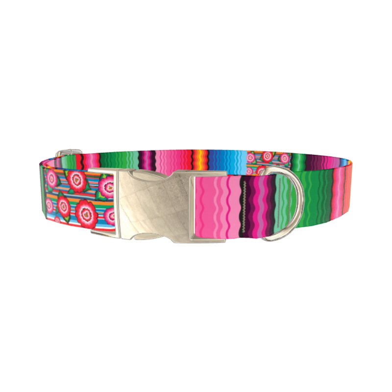 Mexican Floral Stripe Dog Collar - metal silver