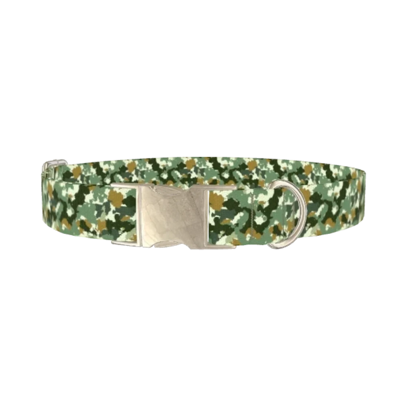 Green Army Camo Dog Collar - metal silver