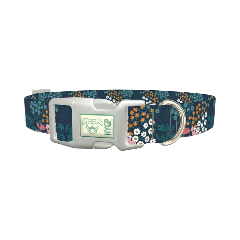 Navy Floral Garden Dog Collar - plastic silver