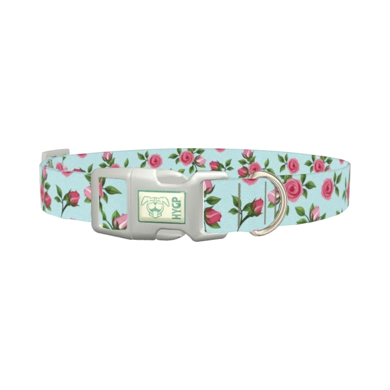 Pink Rose Blossom Dog Collar - plastic silver